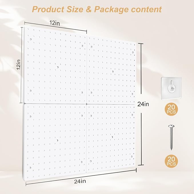FZK Plastic Pegboard Wall Organizer Kit, 12x12, 4 Pack, White | Durable ABS material, compatible with 1/4"and 1/8" pegboad accessories, includes adhesive or drill installation accessories