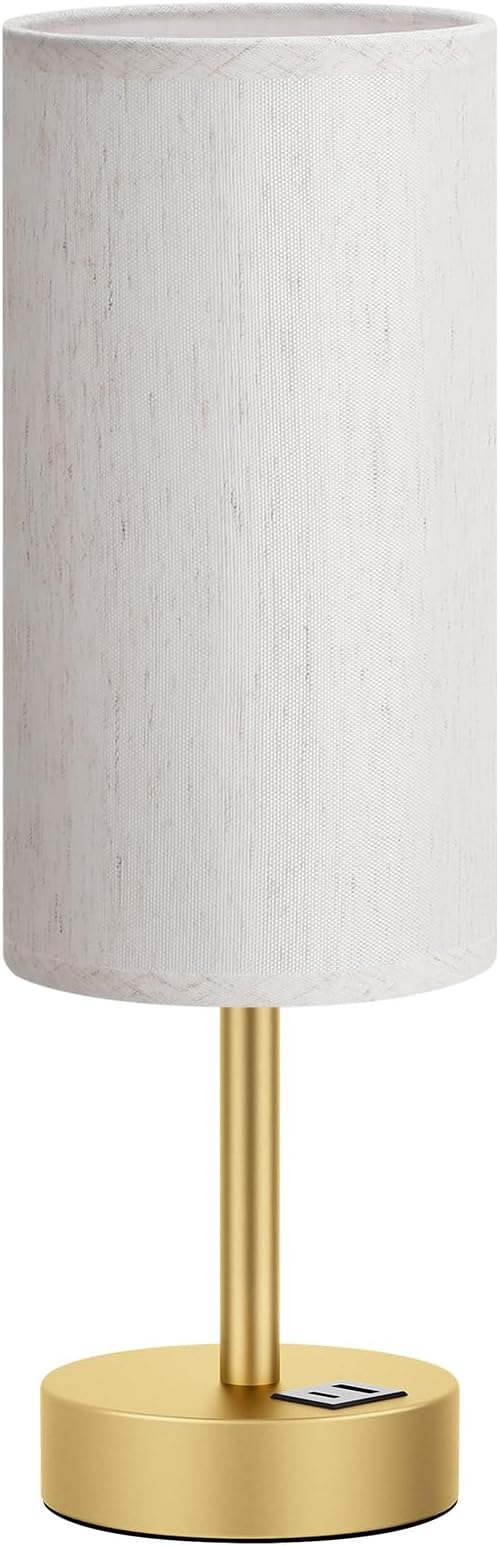 Dicoool Bedside Table Lamp for Bedroom - 3-Way Dimmable Touch Lamp, USB A+C | LED Bulb Included, 14" Small Nightstand Lamp for Desk, Living Room, Guest Room, Cream Fabric Lampshade, Gold Metal Base