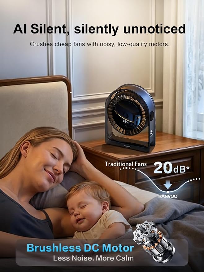 2026 Quiet USB Desk Fan,4 Speeds, 120°Tilt, table Fan for bed & Office | Air Circulator Mini Fan Bedroom,Translucent Black, Portable Smart Display Fan,Low Noise,7 Blades,Cool Room In 3 Mins