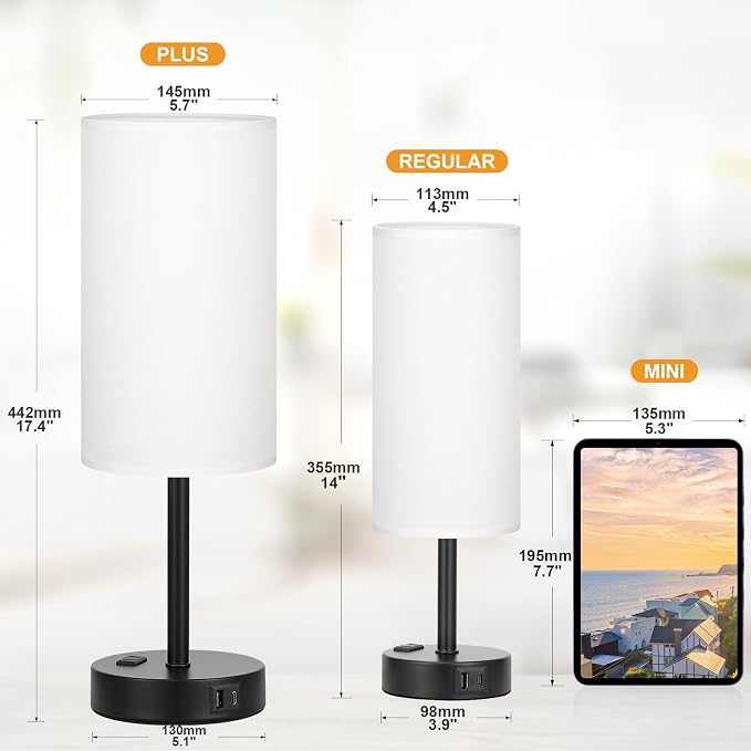 Touch Bedside Table Lamps Set of 2 - Bedroom Lamp with USB A+C, AC Outlet | 3-Way Dimmable, LED Bulb Included, White Fabric Lampshade, Matte Black Metal Base & Pole,17" Tall Nightstand Lamp for Desk