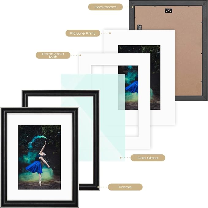 Golden State Art, 12x16 Silver Trim Black Frame - White Mat for 8x12 Photo - Vintage Antique Style - Brushed Texture Finish - Wall Mounting - Portrait/Landscape - Tempered Glass