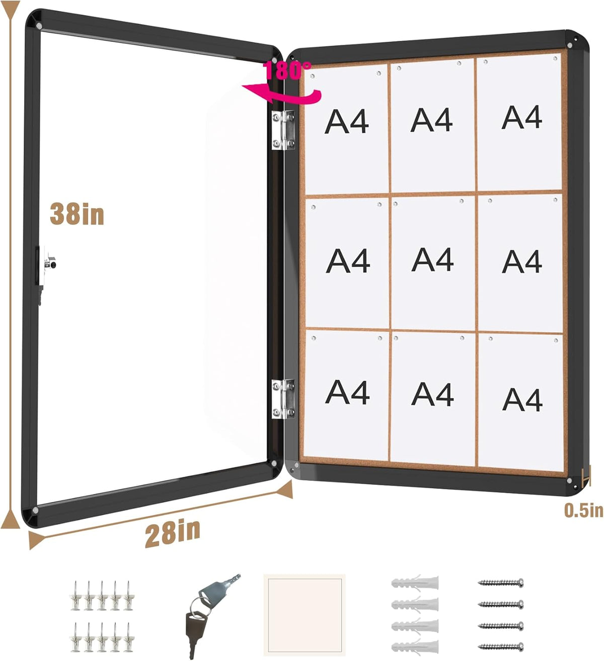 38"x28" Enclosed Bulletin Board, Lockable Weather-Resistant Aluminum Cork Noticeboard for School & Office, Black Frame w/Cork