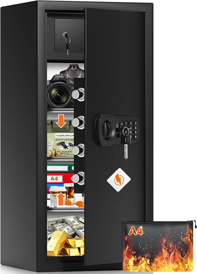 31.5"H Large Safe Box for Home & Office | 8.0 Cu Ft Heavy Carbon Steel Safe | Electronic Combination Lock | Double Safer - Add A4 Fire Waterproof Bag & Built-in Lock Box | Wall & Floor Mount for Valuable