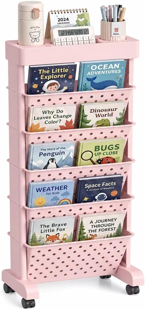 BYFU 6-Tier Movable Bookshelf Cart, Pink | Rolling Wheels, File Paper Storage Organizer, Mobile Bookcase, For Home Office Study Classroom