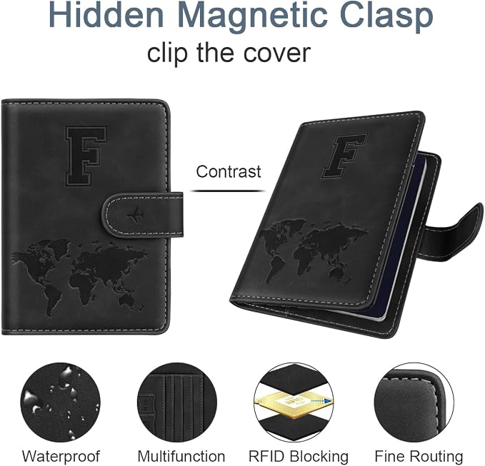 Passport Holder for Travel Essentials Personalized Initial Wallets | Embossed Letter A-Z Design, RFID Blocking, Passport Cover, Passport Book Holders, Men Women, Personalized Gifts, Black-F