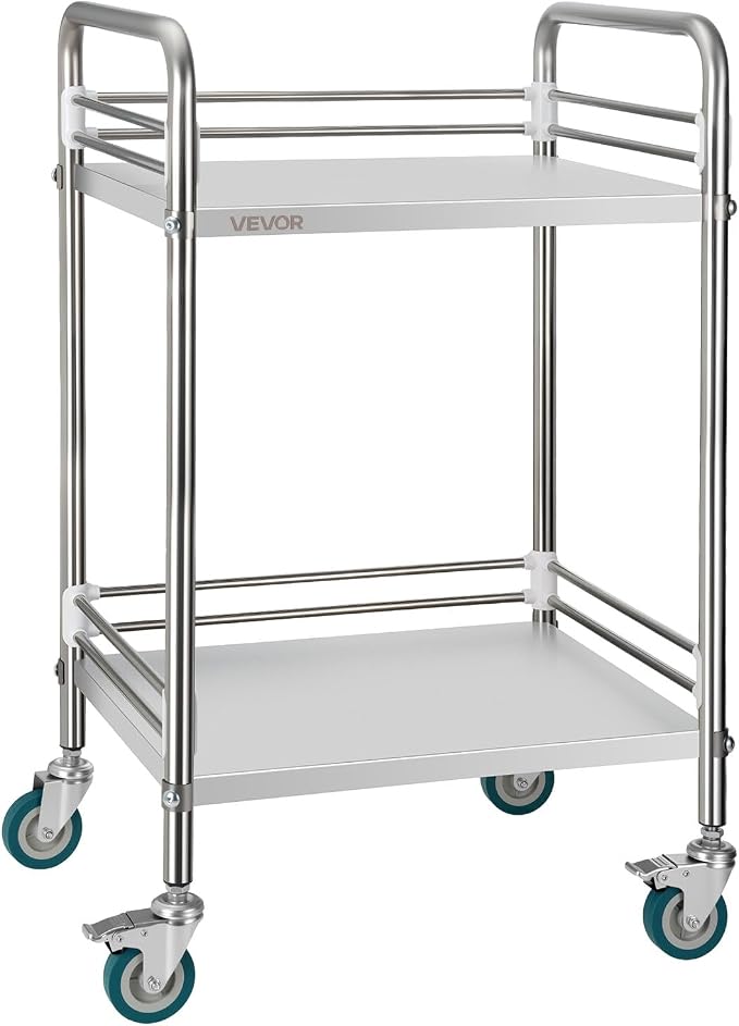 VEVOR Stainless Steel Rolling Cart, 2-Tier Metal Utility Cart with Lockable Wheels, Medical Serving Trolley Clinic Tray, Mobile Service Cart for Hospital, Lab, Restaurant, Kitchen, Salon