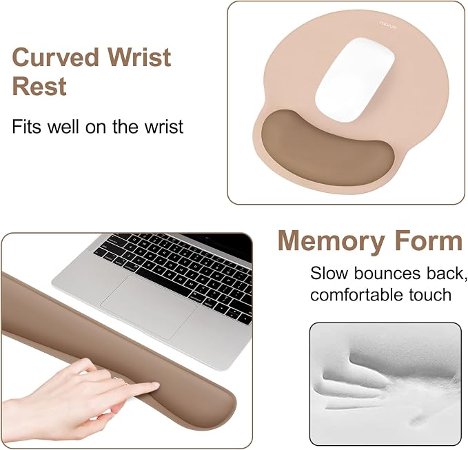 MOSISO Wrist Rest Support for Mouse Pad&Keyboard Set, Mocha | Streamline Ergonomic Mousepad&Coaster Non-Slip Base Home/Office Pain Relief&Easy Typing Pad with Soft Cloth&Silicone Lining
