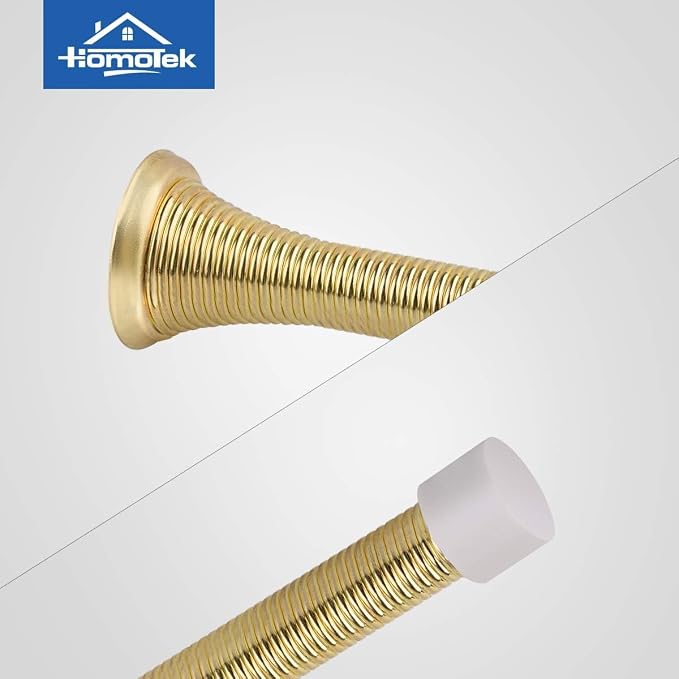 HOMOTEK 1 Pack Spring Door Stopper with Rubber Bumper 3-1/8" Flexible Spring Heavy Duty Wall Door Stop Low Mounted Door Bumper for Home (Bright Brass)