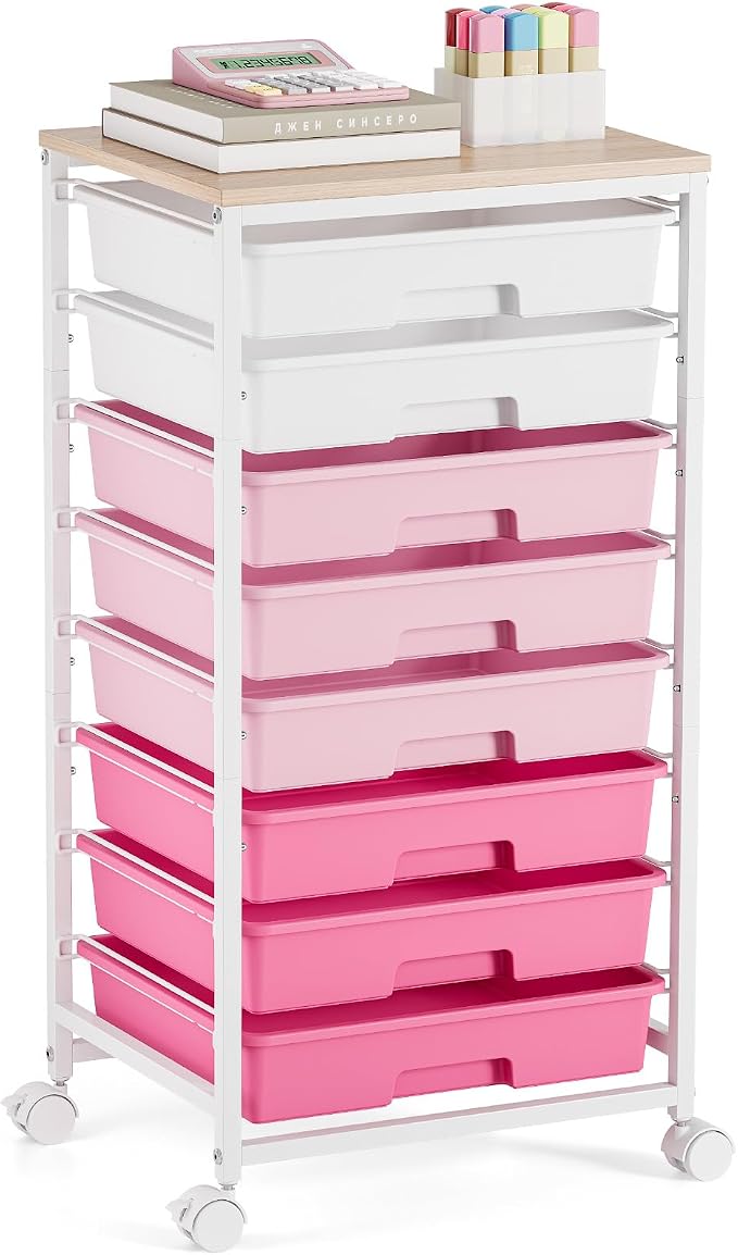TOOLF Rolling Storage Cart with 8 Drawers,Rose Pink | Utility Cart on Wheels with Wooden Tabletop,Teacher Organization for Classroom, Art Cart for Office,Bedroom,Craft Room