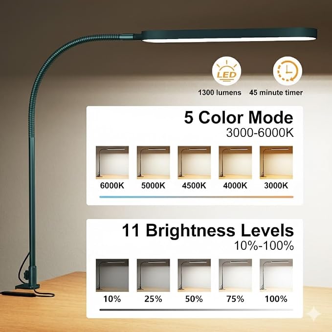 LED Desk Lamp - Desk Light for Home Office - Flexible Gooseneck - 5 Color Modes X 11 Brightness Levels - 1300LM - Timmer & Memory Function - 12W Clip on Light - Green