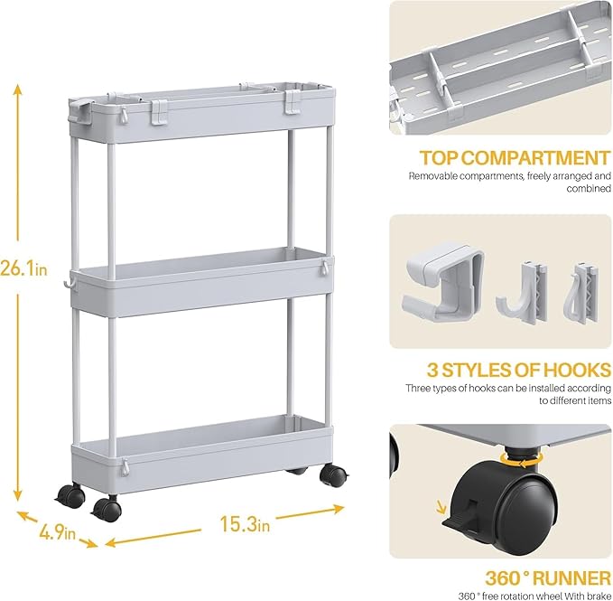2-piece Set Slim Storage Cart 3 Tier,Bathroom Organizer Rolling Utility,Mobile Shelving Unit Slide Out for Office, Kitchen, Laundry Room & Narrow Places