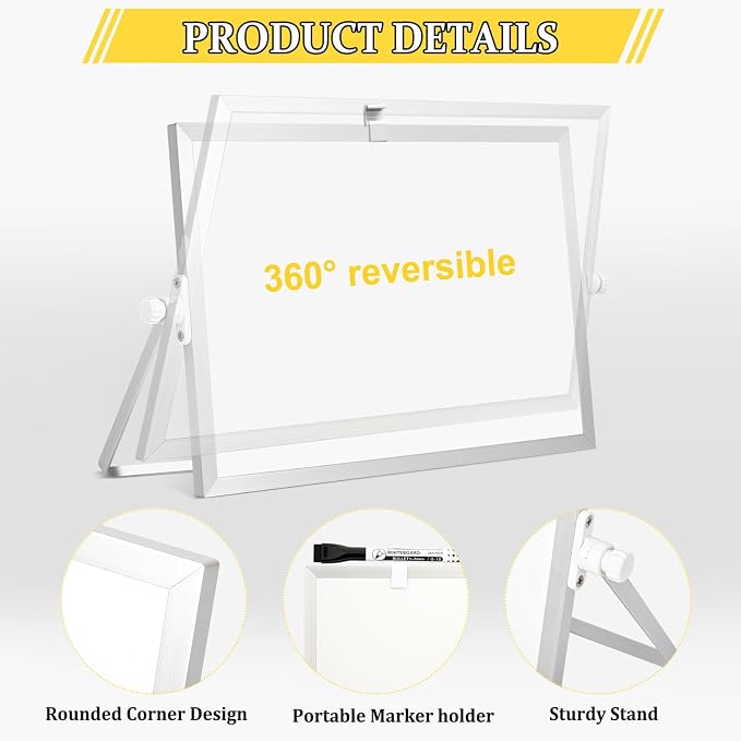 Double-Sided Magnetic White Board with Stand, 12" x 8" | Dry Erase Board with Stand, Desktop Whiteboard Easel , Portable Small White board dry erase for Drawing, Office, Home