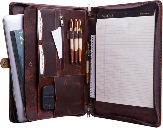Genuine Leather Business Portfolio Padfolio Folder with Zipper for Men, Men's Leather Padfolio Folder for 13" Laptop, Business Portfolio with Letter Size Notepad, Graduation Gift，Oil Wax