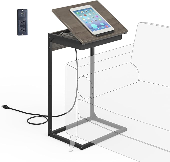 sthmec C Shaped End Tables with Charging Station, 45° Tiltable Adjustable Flip Top Side Table with Storage,Small C Table for Small Spaces,Slide Under Couch Sofa Bedside Tables for Living Room, Grey