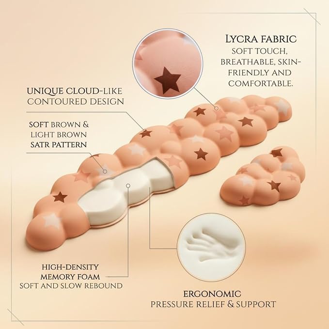 Cloud Wrist Rest Set for Keyboard & Mouse, Milk Tea Colorful Star | Memory Foam Arm Rest with Ergonomic Support Fits Full Keyboards and Reduces Typing Fatigue for Office, Gaming and Home Use