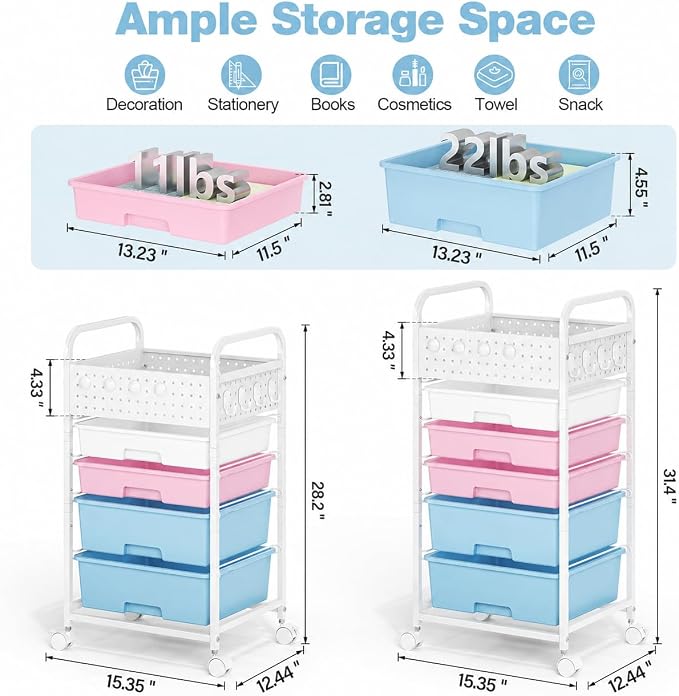 5 Drawer Rolling Storage Cart with Pegboard Top and Hooks, Pink&Blue | Mobile Organizer Cart with Wheels for Office Supplies, Craft Storage, Classroom Organization, Home Utility Cart
