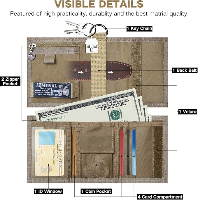 JEMINAL Trifold Canvas Wallet for Men Outdoor Sports Wallet with Keychain, Multiple Card Slots, ID Window, Lightweight Nylon Casual Wallet, Khaki