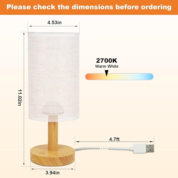 Touch Bedside Table Lamp - Stepless Dimming USB Powered, Minimalist Wood Base Linen Shade, 2700K Warm Light for Bedroom Nightstand Nursery Dorm Small Spaces, 5W LED 50K Hrs (No Bulb Replacement)