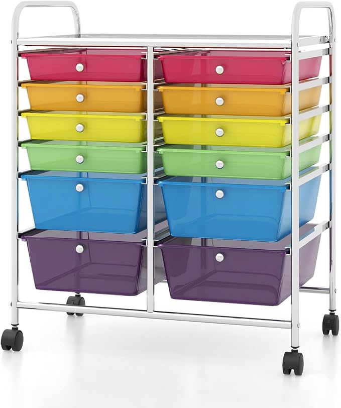 COSTWAY 12-Drawer Rolling Storage Cart, Moveable Art Craft Organizer | Lockable Wheels, Metal Shelf, Files Arrangement Tools Makeup Storage Cart for Office, Home, School (Rainbow)