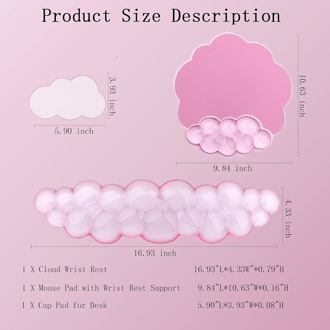 Gel Cloud Wrist Rest Keyboard Clear Pink Mouse Pad with Wrist Rest Set 3PCS Ergonomic Cool Keyboard Wrist Pad Cute Acrylic Coaster Non-Slip Base Cute Transparent Mouse Wrist Pad Support for Computer