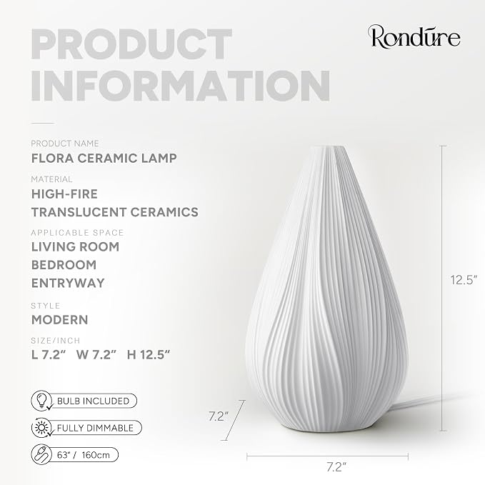 Modern Ceramic Decorative Table Lamp Living Room Bedroom Bedside | Handcrafted Unique Warm Ambient Lighting Lamp, Accent White Translucent Ceramic shade, Fully Dimmable, Corded, Bulb Included