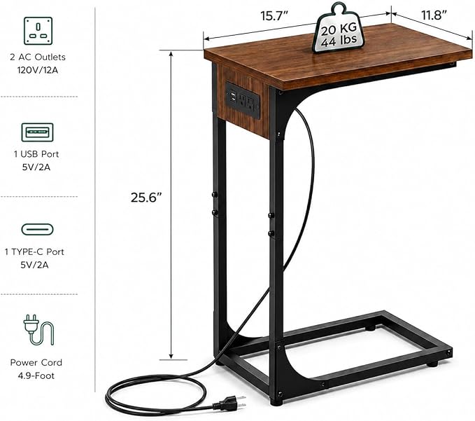 TEMI C Shaped End Table for Couch with Charging Station, Small Side Table TV Tray for Eating or Laptop, Accent Desk for Sofa or Chair, Space Saving Living Room Bedroom, Rustic Walnut