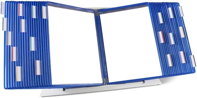 Tarifold Desktop Reference Display System, 40 Pockets, Expandable, Blue | 40 double-sided PVC pockets, holds 80 letter-size sheets, sturdy metal base, quick-find indexing, quick and easy to assemble