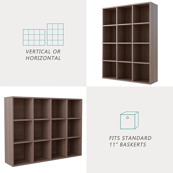 OSCHF 12-Cube Storage Shelf Bookcase - Wooden 3-Tier Floor Standing Open Bookshelf for Home and Office, Cuby Orgainzer, Walnut