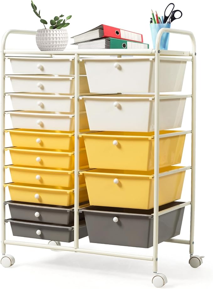 GLACER 15 Drawers Rolling Storage Cart, Steel Frame Craft Organizer Cart | Utility Cart w/Lockable Wheels & Sleek Handle, Mobile Art & Tool Supply Trolley for Teacher, Home, School, Office (Yellow)