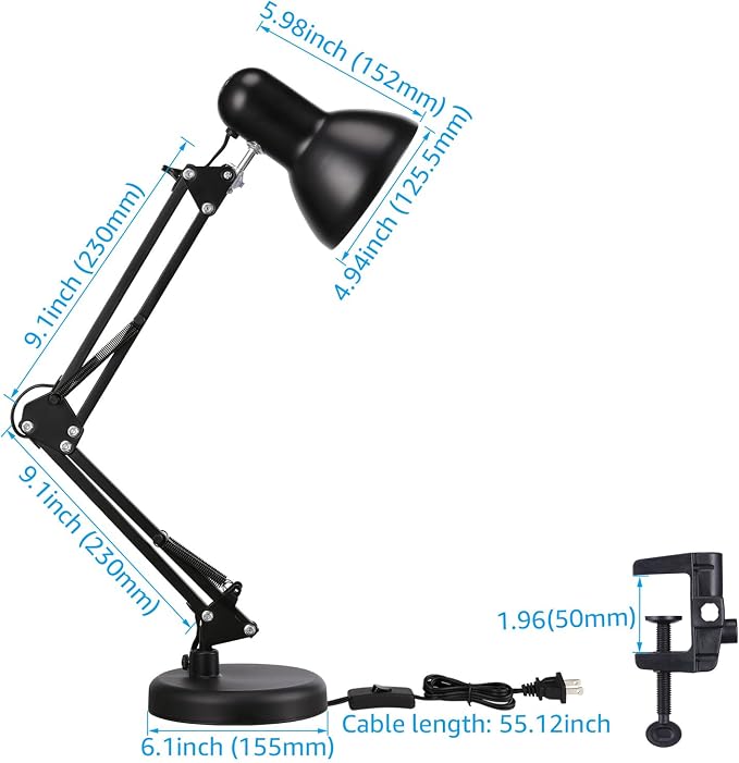 TORCHSTAR Metal Desk Lamp, Adjustable Swing Arm, E26, Black | Architect Gooseneck Multi-Joint Clip Table Lamp with Plastic Clamp, for Home Office, Work, Study, Reading, Bulbs not Included