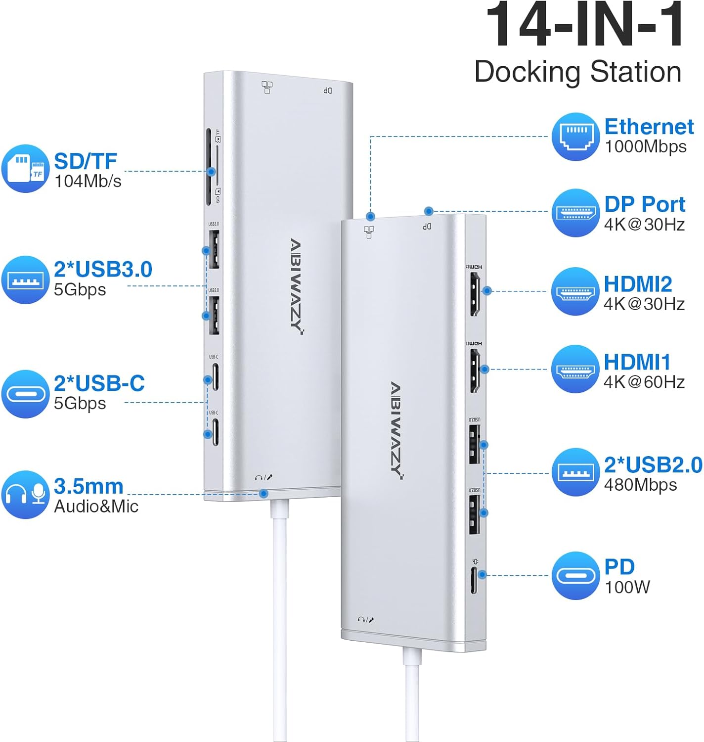 USB C Hub USB-C Docking Station Dual Monitor 14 in 1 Triple Display Multiport Adapter with 2 HDMI+DP+7 USB Type C/A Ports+Ethernet+Audio, USBC Dongle for Dell/HP/Lenovo ThinkPad/Surface(Sliver)