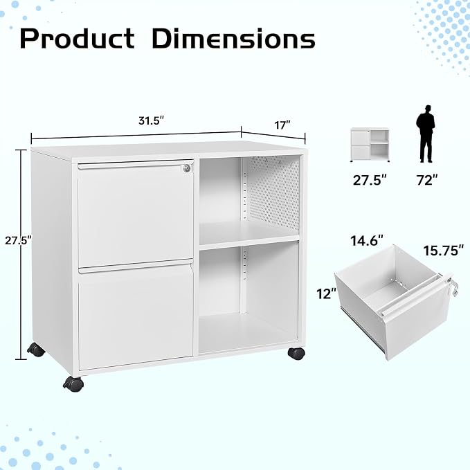 MIIIKO 2 Drawer File Cabinet with Lock, Metal Rolling Printer Stand Filing Cabinets with Drawers for Home Office,A4, Letter Size File Folders(White)