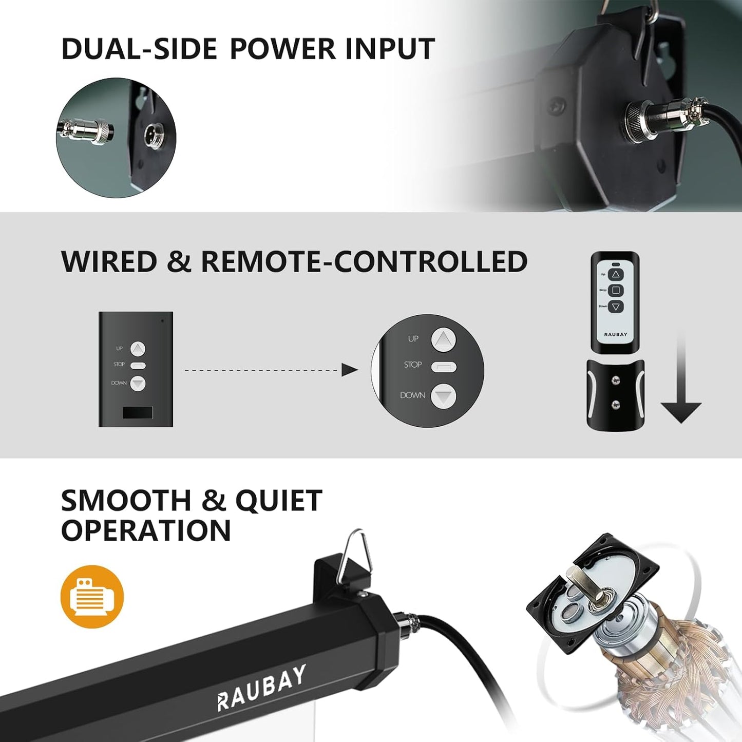 RAUBAY Motorized Pull Down White Screen Backdrop - 78.7" x 86.6" Collapsible Wall-Mount Background for Professional Video Production, Photography Studio, Video Conferencing and YouTube, TikTok Creator