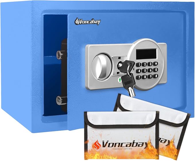 Voncabay Money Safe Box for Home with Digital Keypad, 0.8 Cu. Ft., Blue | Alloy Steel, 2 Fireproof Bags, Digital Keypad with Display, Removable Shelf, Fits A4, 13.8 x 9.85 x 9.85 In.