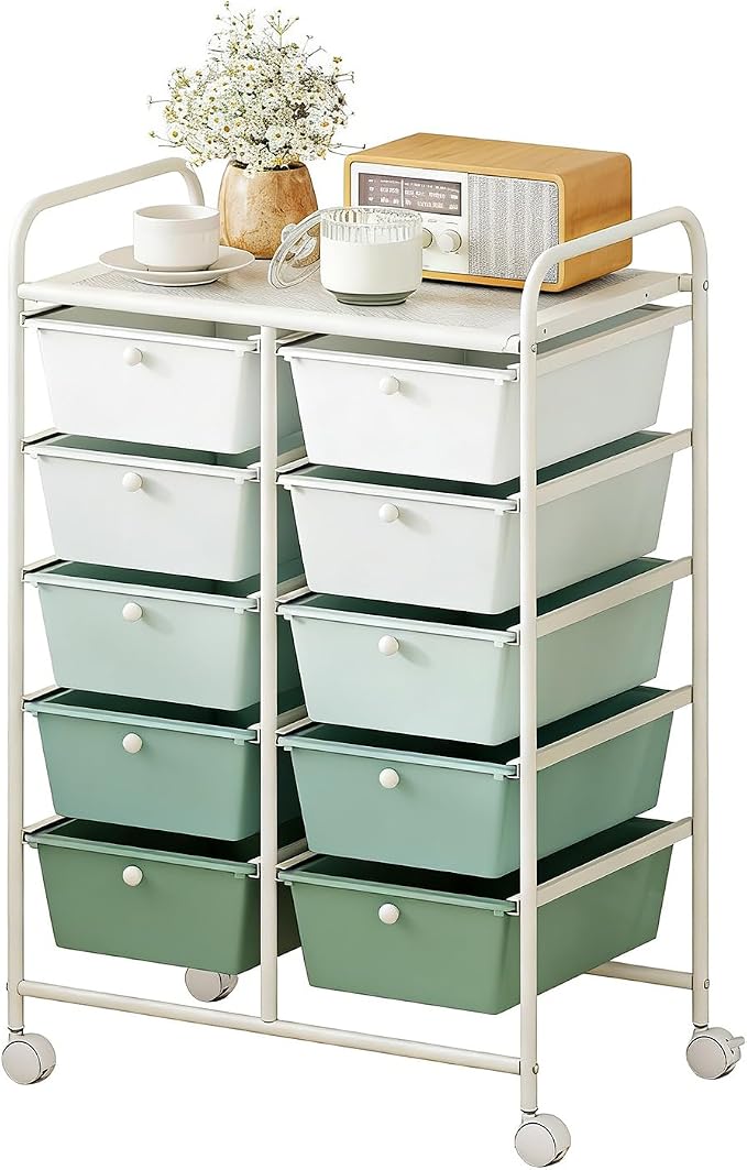 GLACER 10 Drawer Rolling Cart, Storage Cart with Lockable Whieels & Metal Frame, Trolley for Art Craft Oganizer, Mobile Utility Cart for Office, School, Classroom, Kitchen (Green Gradient)