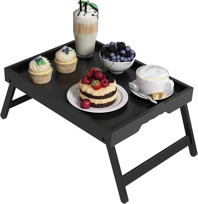Youpehom Bamboo Bed Tray Table with Folding Legs, Large, Black | Large bamboo bed tray with folding legs, handles and raised edges for meals, laptops, reading and serving in bed.