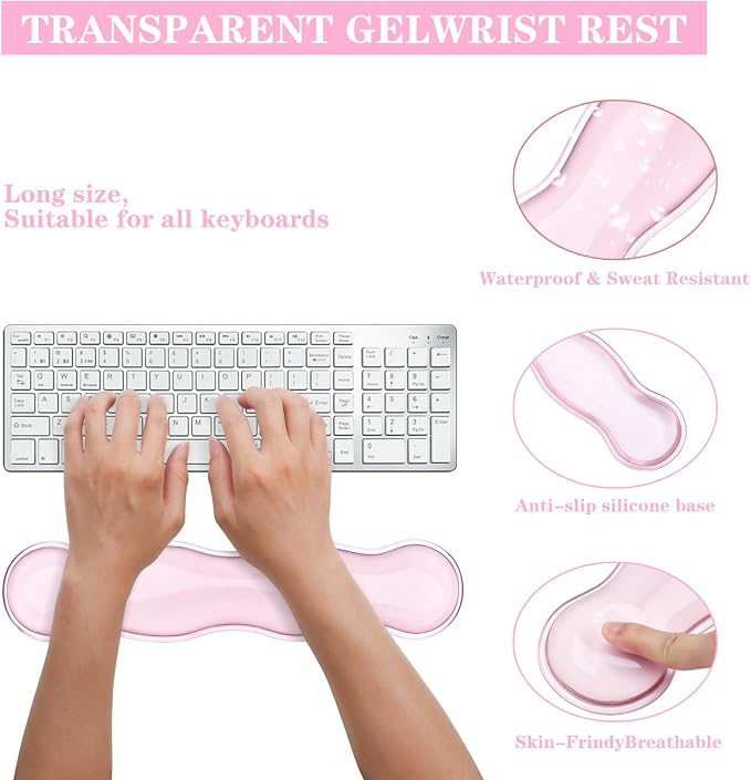 Gel Wrist Rest for Keyboard and Mouse Pad Set - Clear Pink | Ergonomic Cute Computer Keyboard Wrist Pad Support for Pain Relief, Non-Slip Desk Accessories for Office and Home