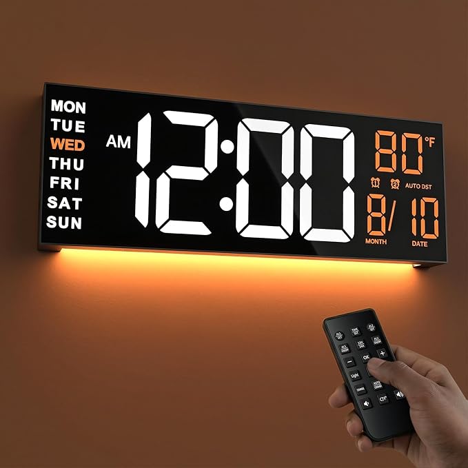 JALL 16" Large Digital Wall Clock with Remote, Big LED for Seniors, Auto Dimming, 8 RGB Colors, Night Light, Count Down Timer, Alarm, DST, Temperature for Living Room, Back to School Classroom