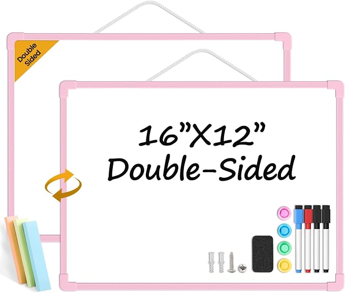 Pink Frame Small Dry Erase Board for Wall, 16" x 12" Double-Sided Hanging Whiteboard with 4 Markers, 4 Magnets and 3 Mini Sticky Notes, Portable Whiteboard for Kids, School, Home, Office