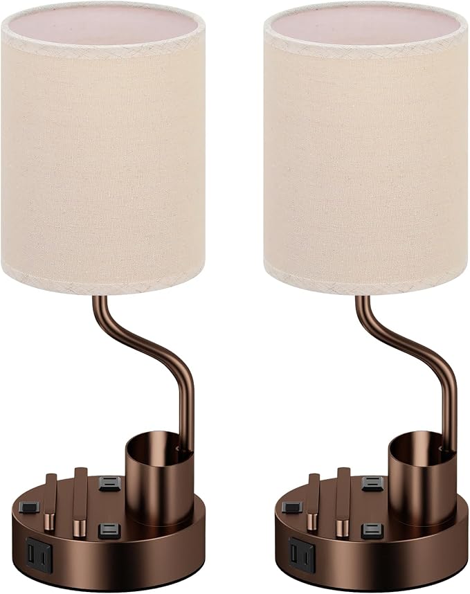 Bedside Lamps for Bedroom Set of 2 - Table Desk Lamp for Nightstand | 15" Table Lamp for Living Room with Pen Holder & Phone Stand, USB A+C Port, AC Outlet, 3 Color Temperature, LED Bulb Included