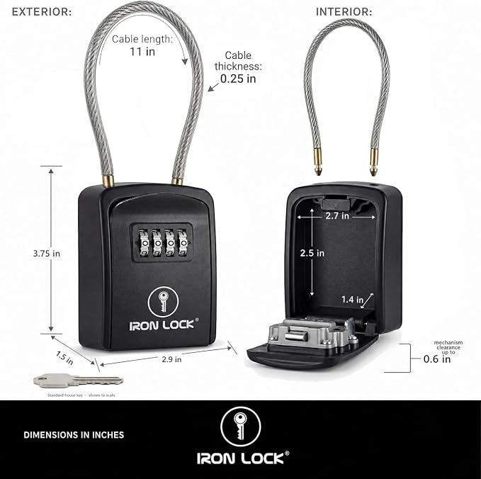 Iron Lock® Key Lock Box with Code, Portable Cable Shackle (Small, Black) | Holds 2-3 house keys or an access card; 11-in steel cable loops on gate or rail; weather-resistant; no app or battery