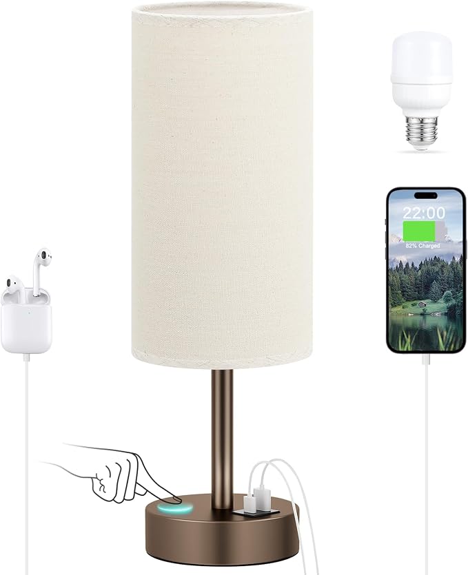 Dicoool Bedside Table Lamp for Bedroom - 3-Way Dimmable Touch Lamp, USB A+C | LED Bulb Included, 14" Small Nightstand Lamp for Desk, Living Room, Guest Room, Beige Fabric Lampshade, Brown Metal Base