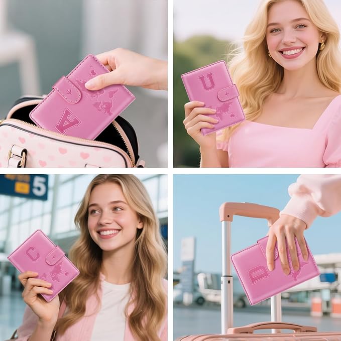 Passport Holder Cover Initial Letter A-Z Travel Wallet Personalized | Travel Essentials, Embossed Design, RFID Blocking, Personalized Gift, Passport Book Holders for Women and Girls, Pink-U