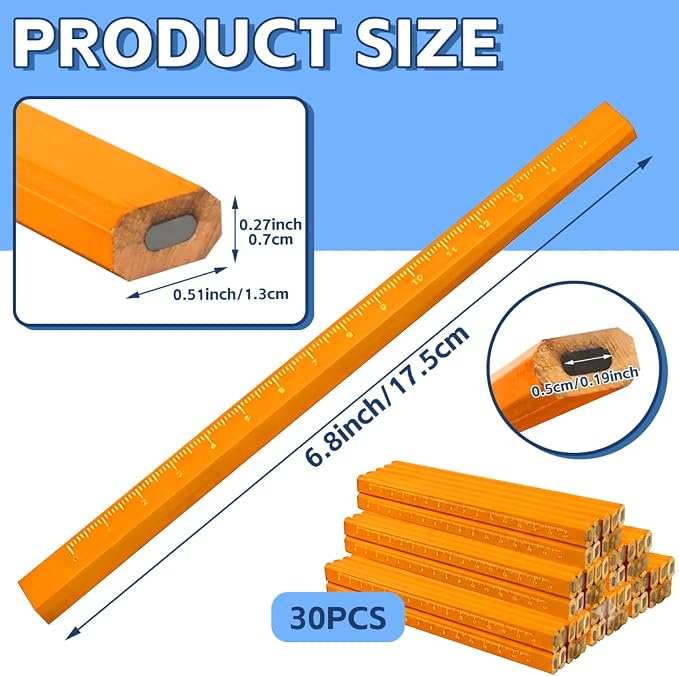 30 Pcs Carpenter Pencils - Octagonal Hard Black Woodworking Pencils, Heavy Duty Construction with 15cm Scale for Wood, Brick, Concrete Marking（Yellow）