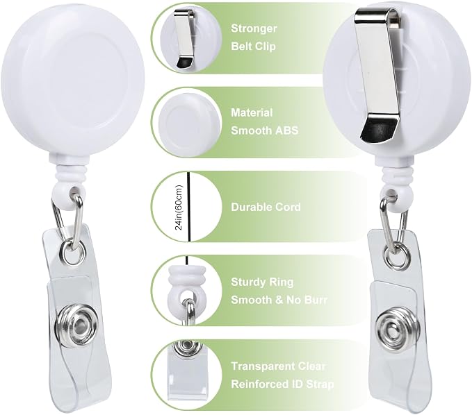 White Vertical ID Badge Holders with Retractable Round Reel Clips,Hard Plastic Card Protector for School Office Factory Hospitl