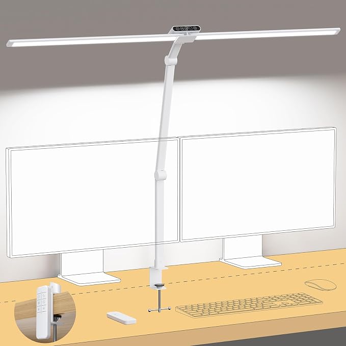 TROND LED Desk Lamp with Clamp, 29.55'' Tall Desk Light with Remote, White | 1500LM Bright Table Lamp, Swing Arm Clip on Light, Eye-Caring, Touch Control Dimmable for Home Office Monitor Reading