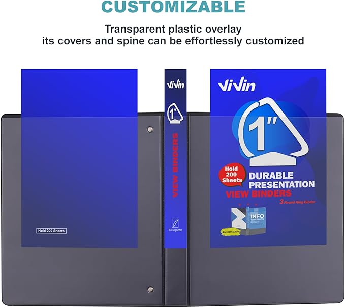 3 Ring Binder 1 Inch, ViVin Sturdy 1"-Slant D Ring Binder with 2 Interior Pockets, Clear View Cover, PVC-Free, Fits 225 Sheets of US Letter Size Paper (8 Pack, Black)