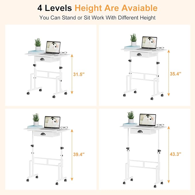 Cidaziya Adjustable Height Standing Desk for Walking Pad Treadmill, Portable Rolling Desk for Laptop with Drawer, Small Moblie Sit to Stand Desk On Wheels with Stiffener for Home Office Dorm Bedroom