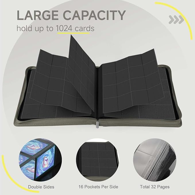 Card Binder with 1024 Cards,16 Pocket Trading Card Binder Includes 32 Page Storage Sleeves,Collection Card Album,Card Holder to Organize and Protect Cards,Grey