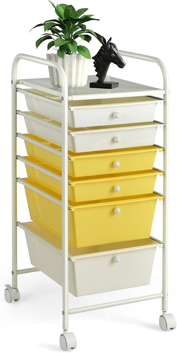COSTWAY 6-Drawer Rolling Storage Cart, Art Craft Tools Organizer on Wheels | Multifunctional Heavy Duty Utility Mobile Storage Trolley w/ 2 Lockable Wheels for Home Office School (Yellow, Beige & Grey)